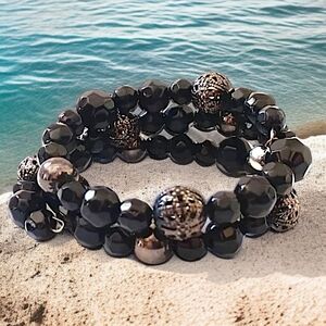 Black Beaded Memory Wire Bracelet Wrap Multi Strand Faceted Beads Goth Witchcore